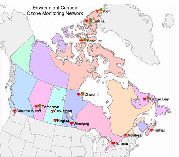 Map of Enivronment Canada's Ozone Monitoring Network
