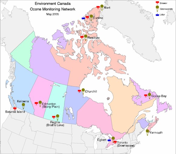 Map of Enivronment Canada's Ozone Monitoring Network